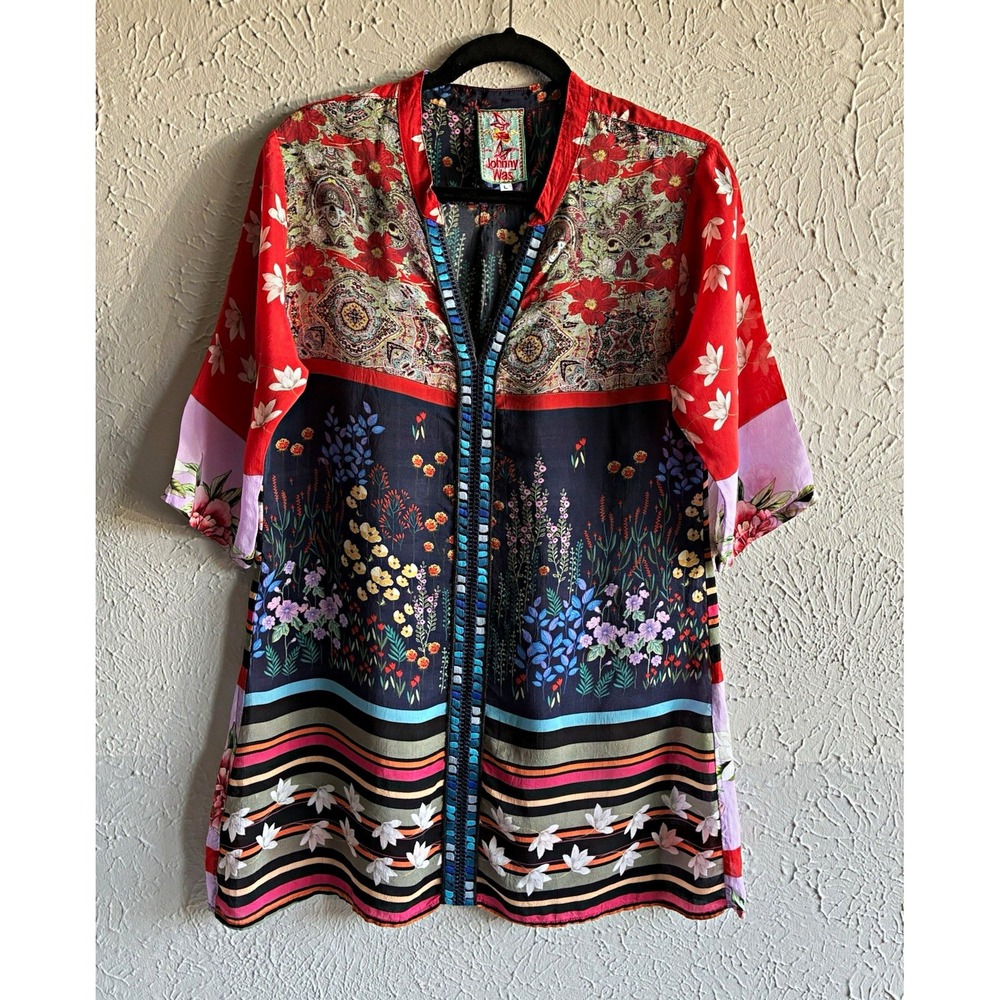 Johnny Was Floral Paisley Tunic Blouse Multicolor V-Neck 3/4 Sleeve Size L